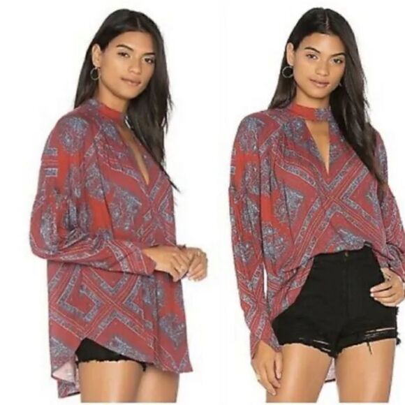 Free People Womens XS Top Walking On A Dream Tunic Red Blouse Floral Choker 401 - Picture 2 of 8